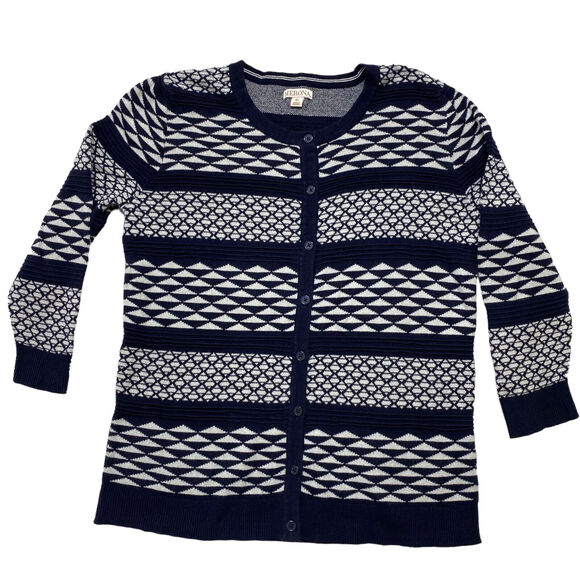 MERONA Nautical Blue Geometric Stripe Knit 100% Cotton Cardigan XL 3/4 Sleeve - Picture 4 of 10